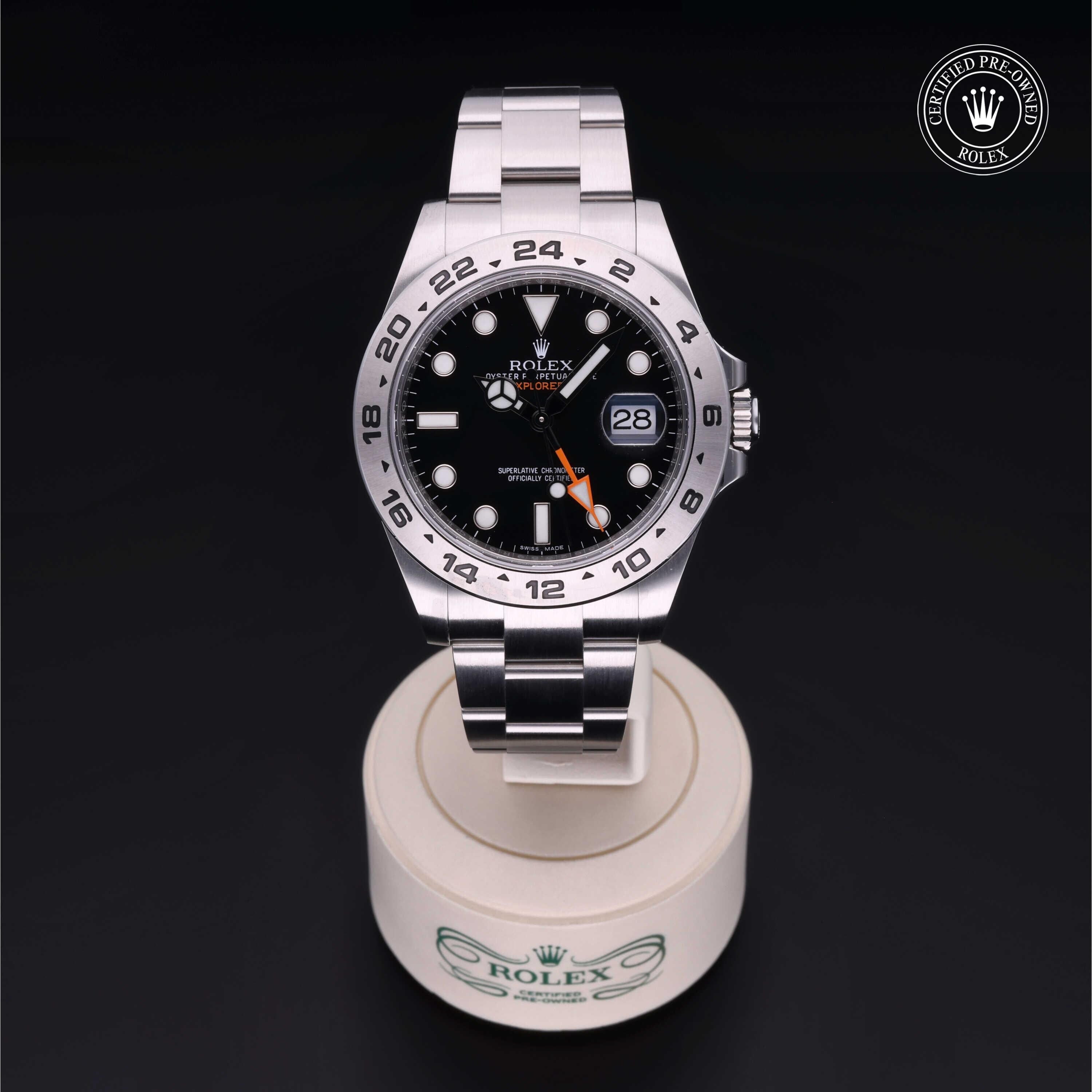 Rolex Certified Pre-owned Explorer M216570-0002 front on black background