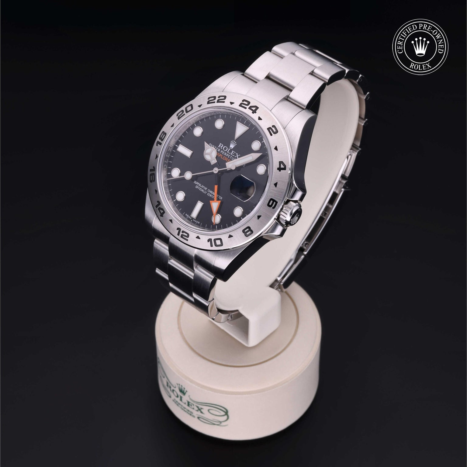 Rolex Certified Pre-owned Explorer M216570-0002 front on black background