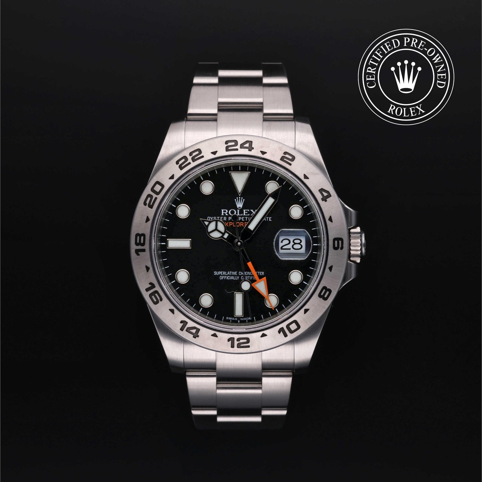 Rolex Certified Pre-owned Explorer M216570-0002 front on black background