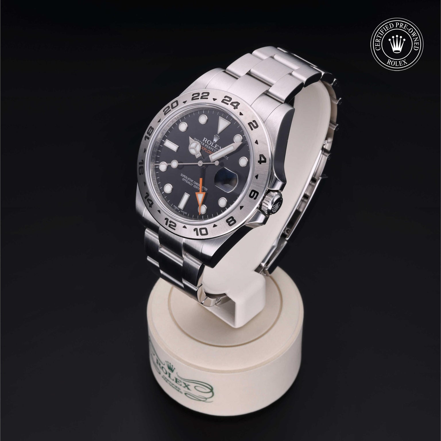 Rolex Certified Pre-owned Explorer M216570-0002 front on black background