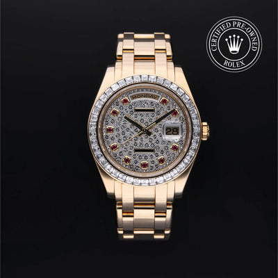Rolex CPO Pearlmaster M18958BR front on white background