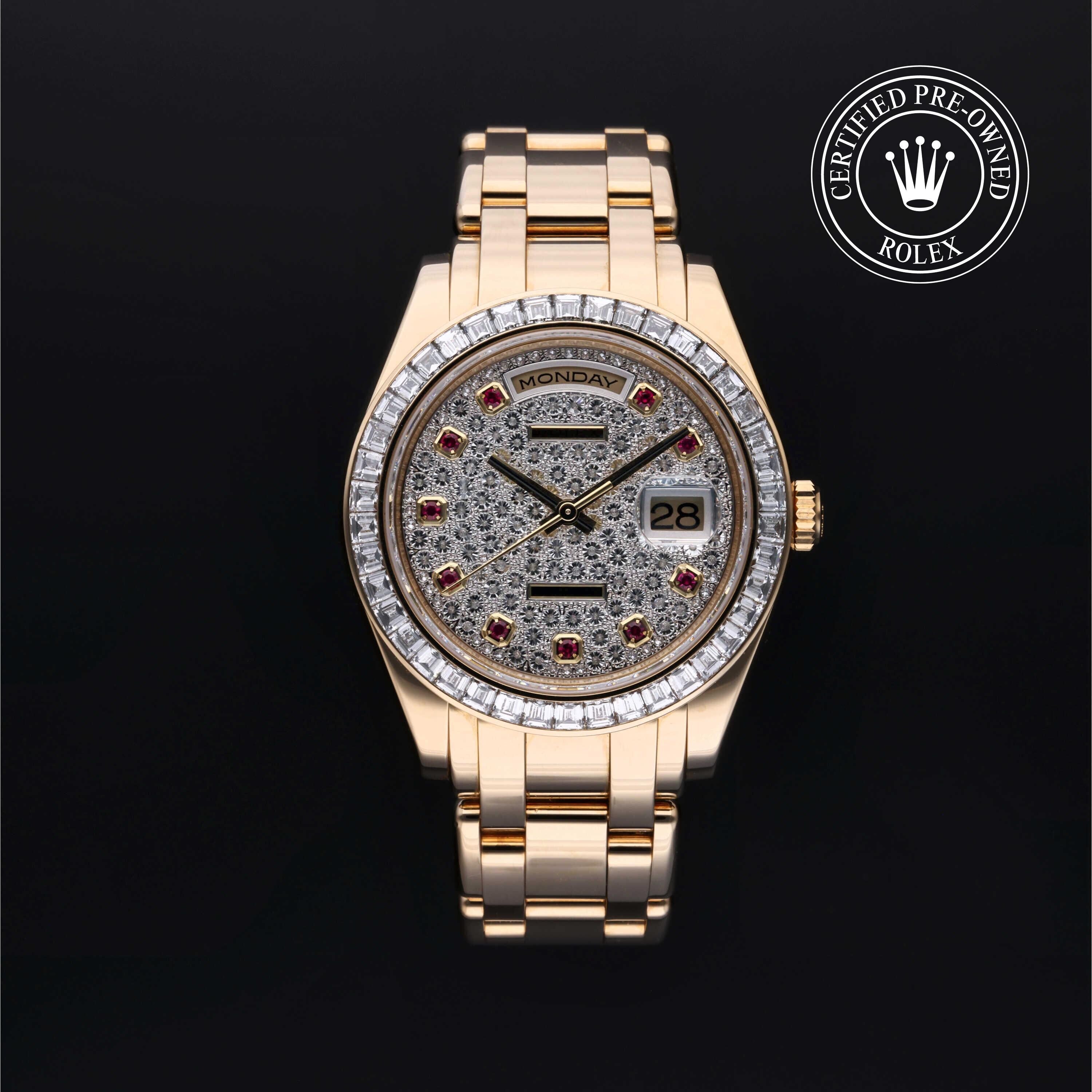 Rolex CPO Pearlmaster M18958BR front on white background