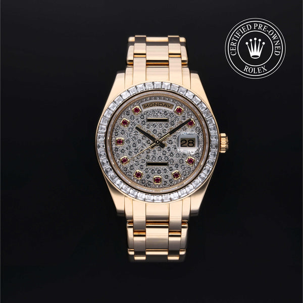 Rolex CPO Pearlmaster M18958BR front on white background