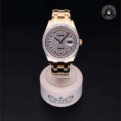 Rolex CPO Pearlmaster M18958BR front on white background