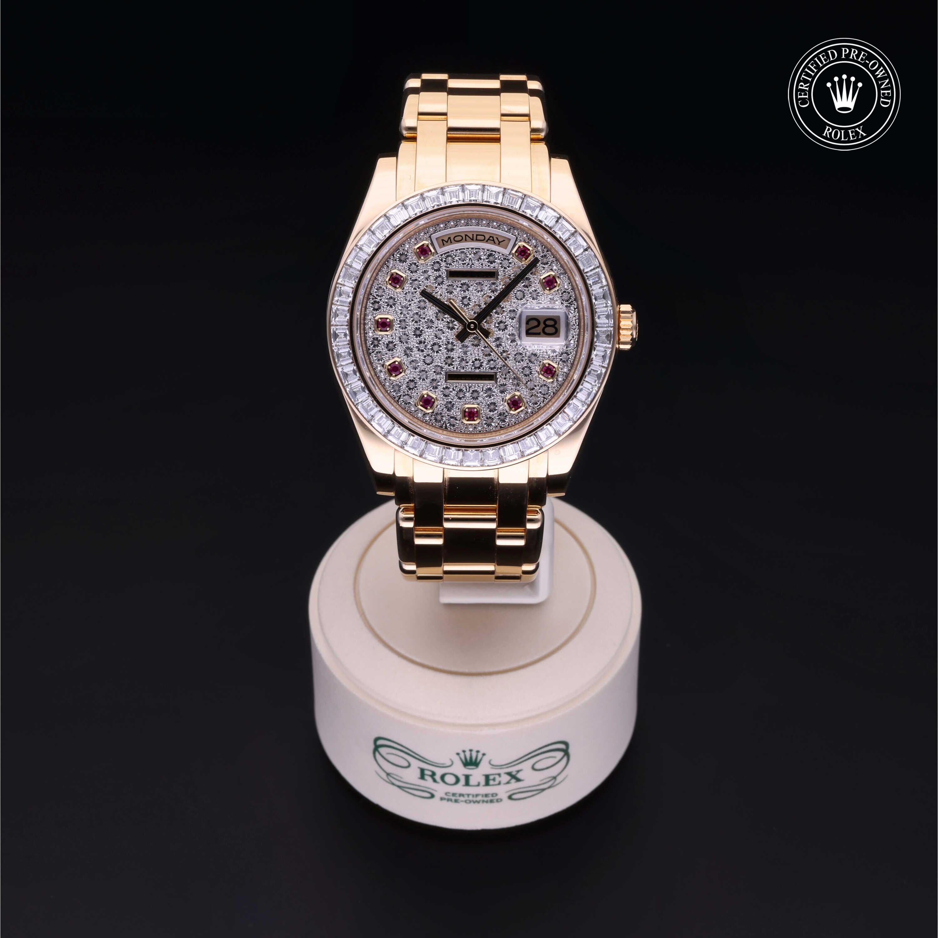 Rolex CPO Pearlmaster M18958BR front on white background