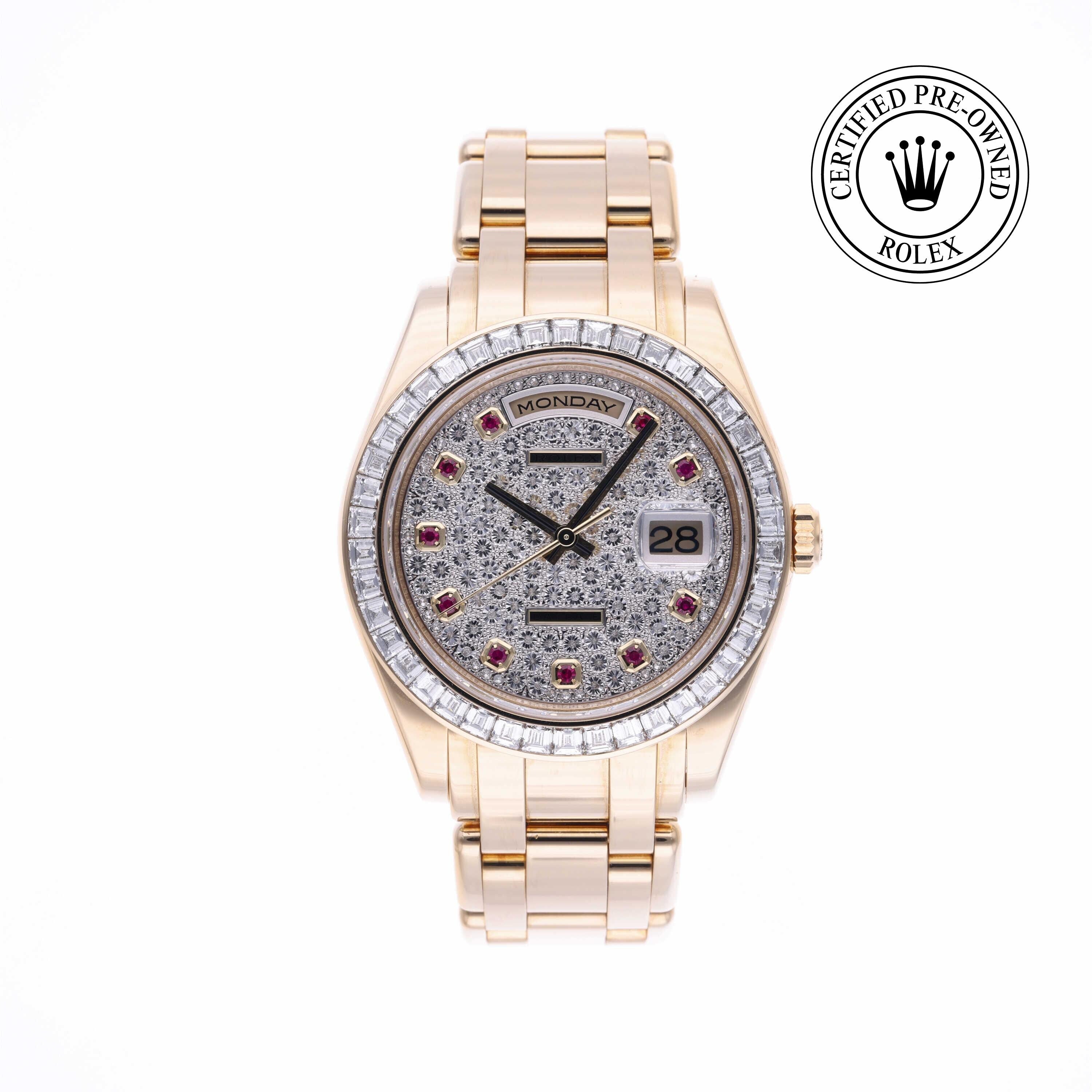 Rolex CPO Pearlmaster M18958BR front on white background