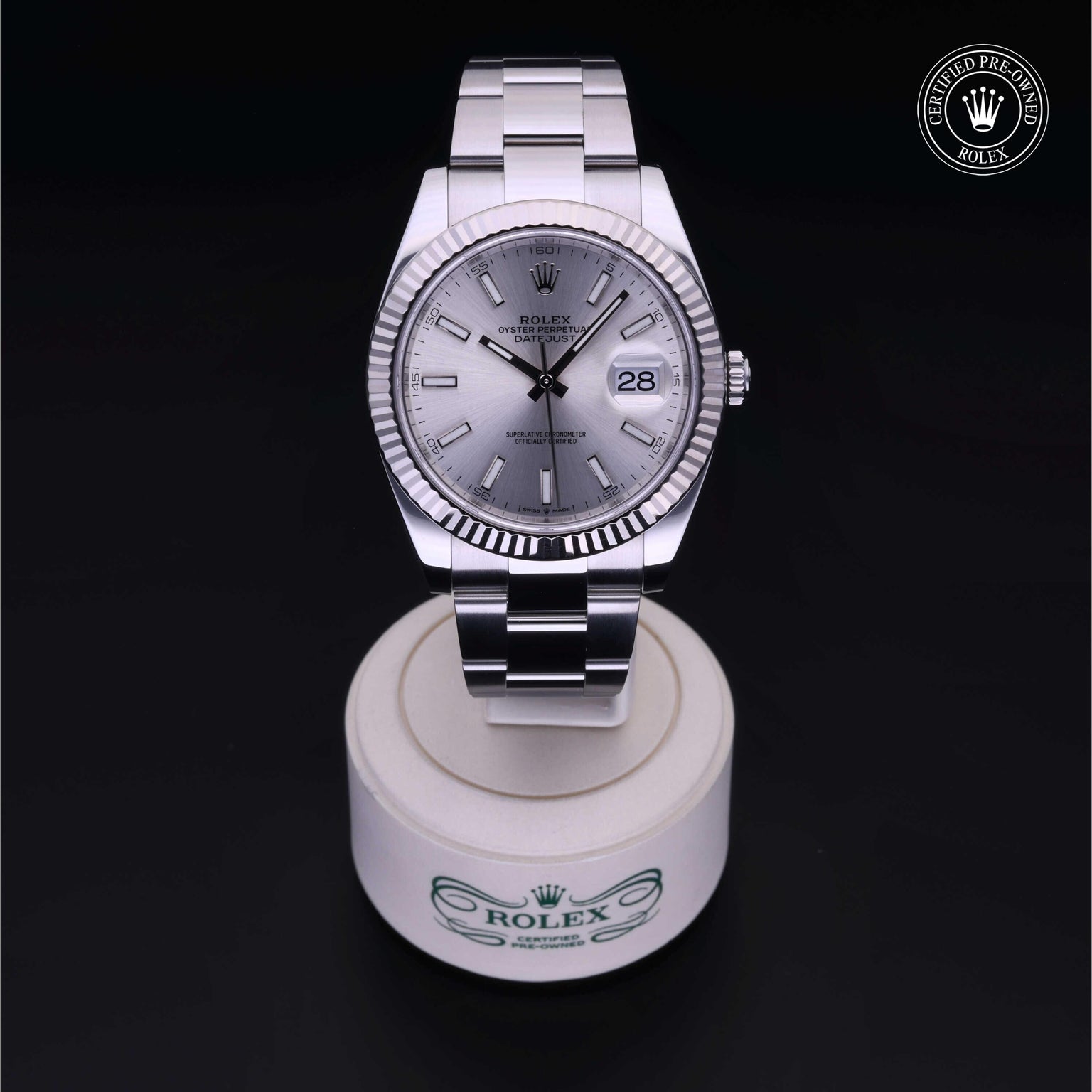 Rolex Certified Pre-owned Datejust M126334-0003 front on black background