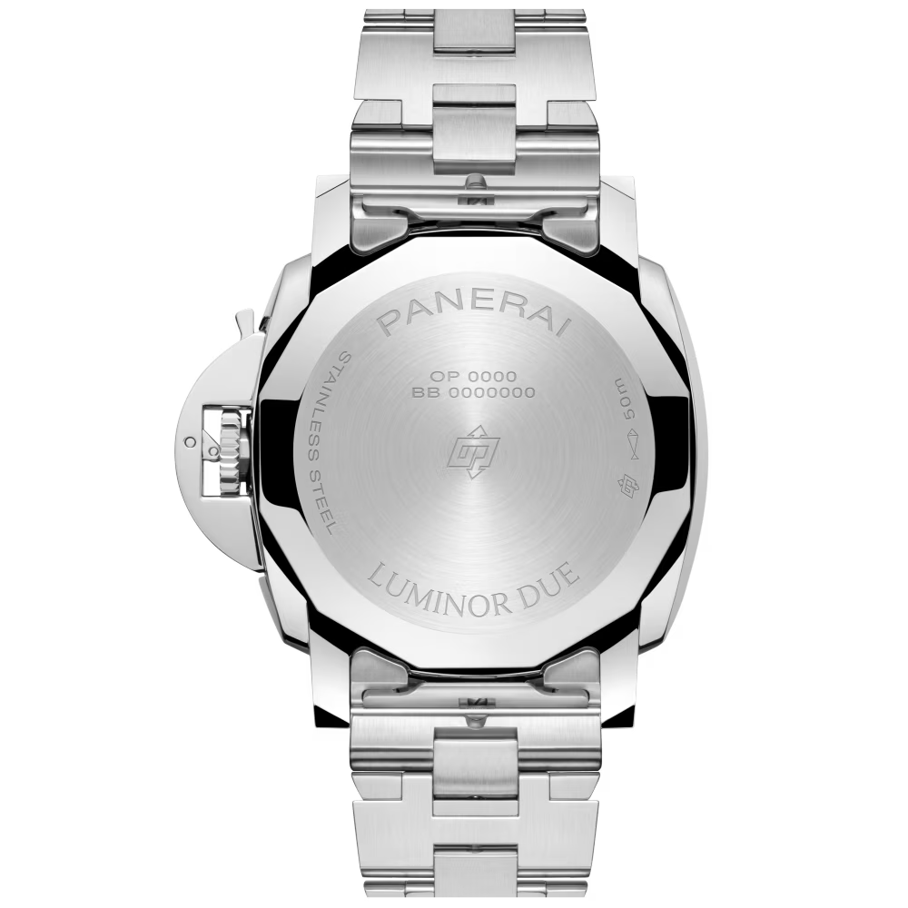 The image shows the back of a Panerai Luminor Due stainless steel automatic watch with an engraved case back, metal bracelet, and visible details including the brand name, model info, and calibre.