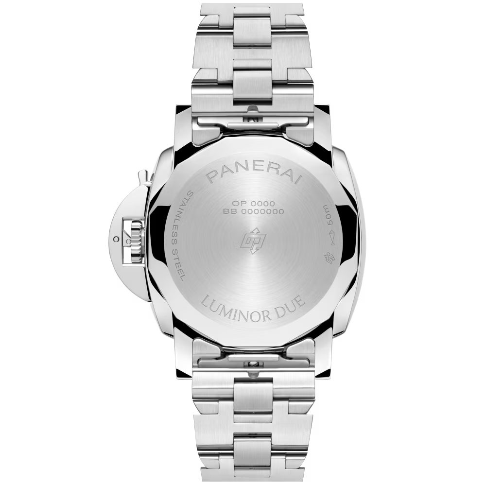 The back of the Panerai Luminor Due shows its engraved caseback, metal bracelet, signature crown guard, and automatic P.900 calibre with a 3-day power reserve.