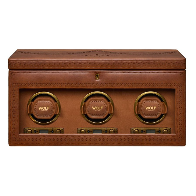 Brown leather watch winder box with three rotating compartments, brass accents, and digital controls on front panel.