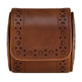 Brown leather watch roll with decorative perforated brogue detailing and flap closure.