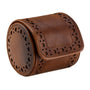 Brown leather watch roll with perforated brogue detailing and flap closure.