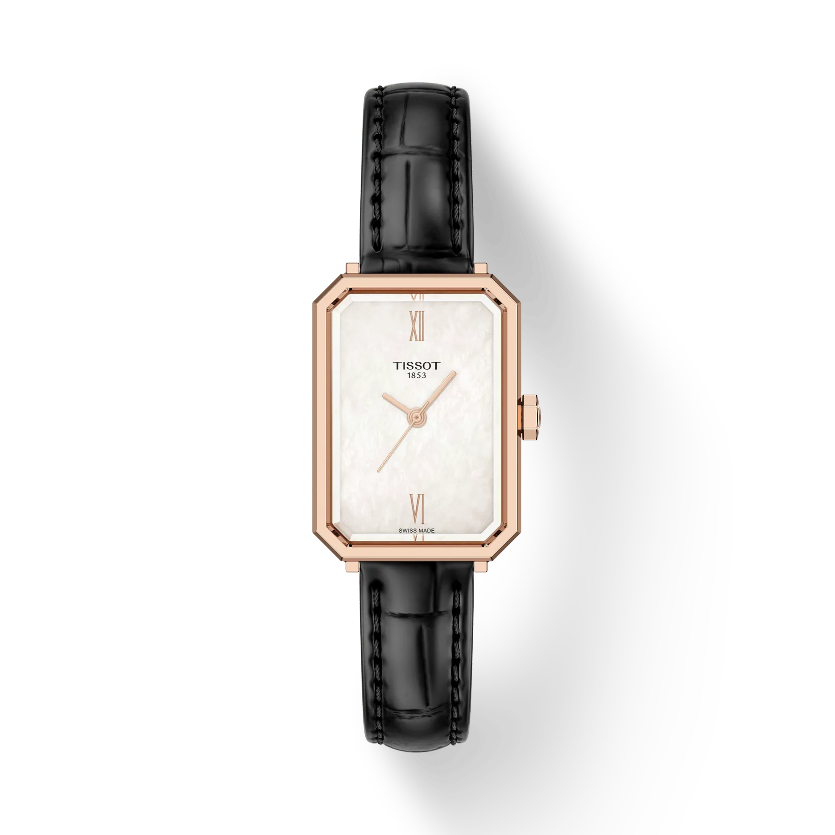 The Tissot SRV 30mm watch features a rectangular white face, rose gold case, black Roman numerals, and black leather strap. The Tissot logo is on the dial, with sapphire glass. Shown against a plain white background.