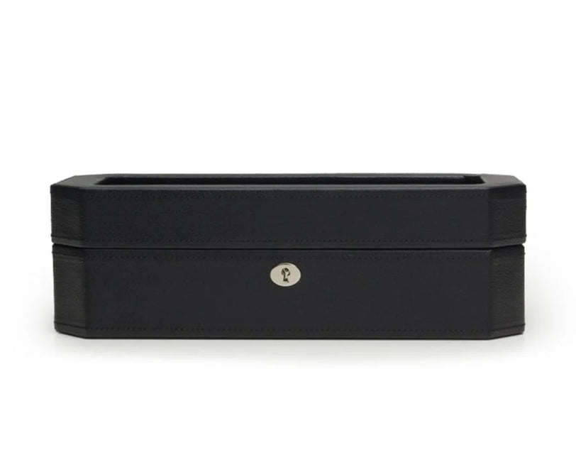Black leather watch box with hinged lid and silver metal lock mechanism.