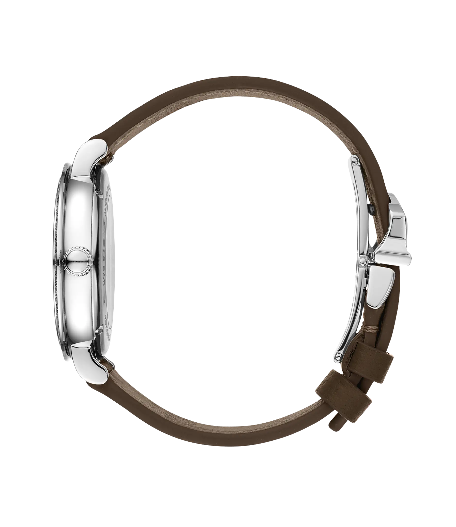 Silver-tone rectangular watch with brown leather strap and buckle closure, shown from the side.