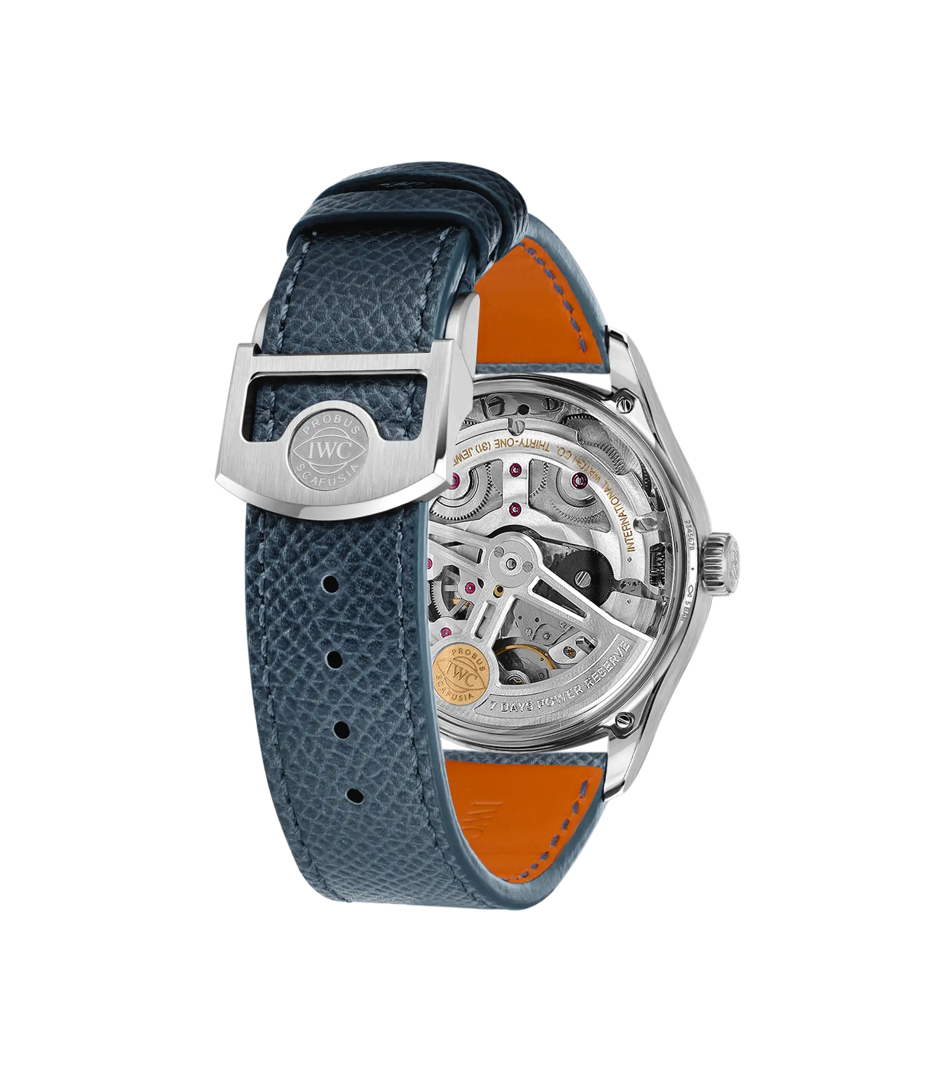 A close-up of the IWC Schaffhausen Portugieser Automatic 42 showcases its precise mechanical movement, silver case, and a textured blue leather strap with orange lining and a silver clasp embossed with the IWC logo.