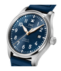Stainless steel pilot's watch with dark blue dial, white numerals, date window, and blue leather strap.