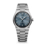 Stainless steel watch with blue dial, date window, Arabic numerals, and matching metal bracelet.