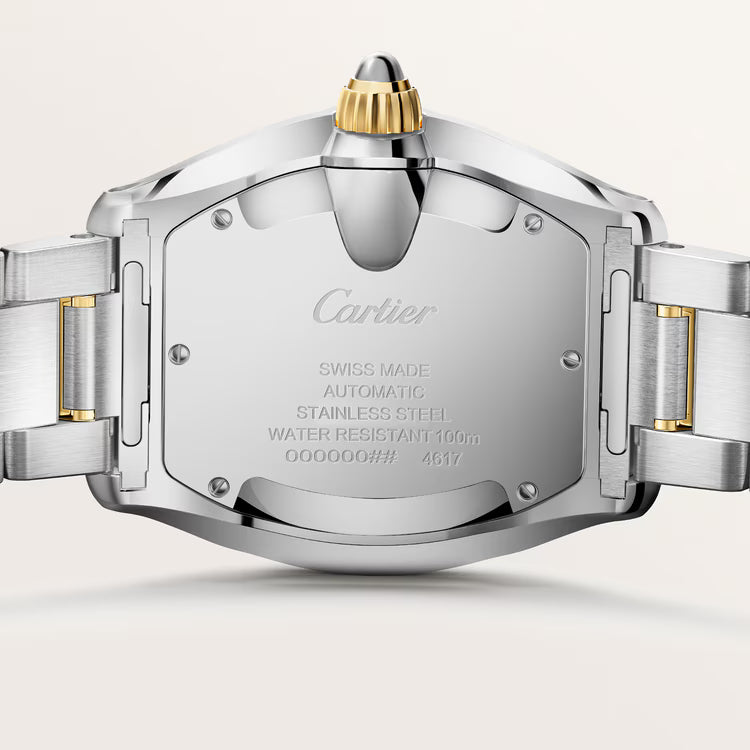 Back view of Cartier Roadster watch with stainless steel two-tone bracelet and engraved case back.