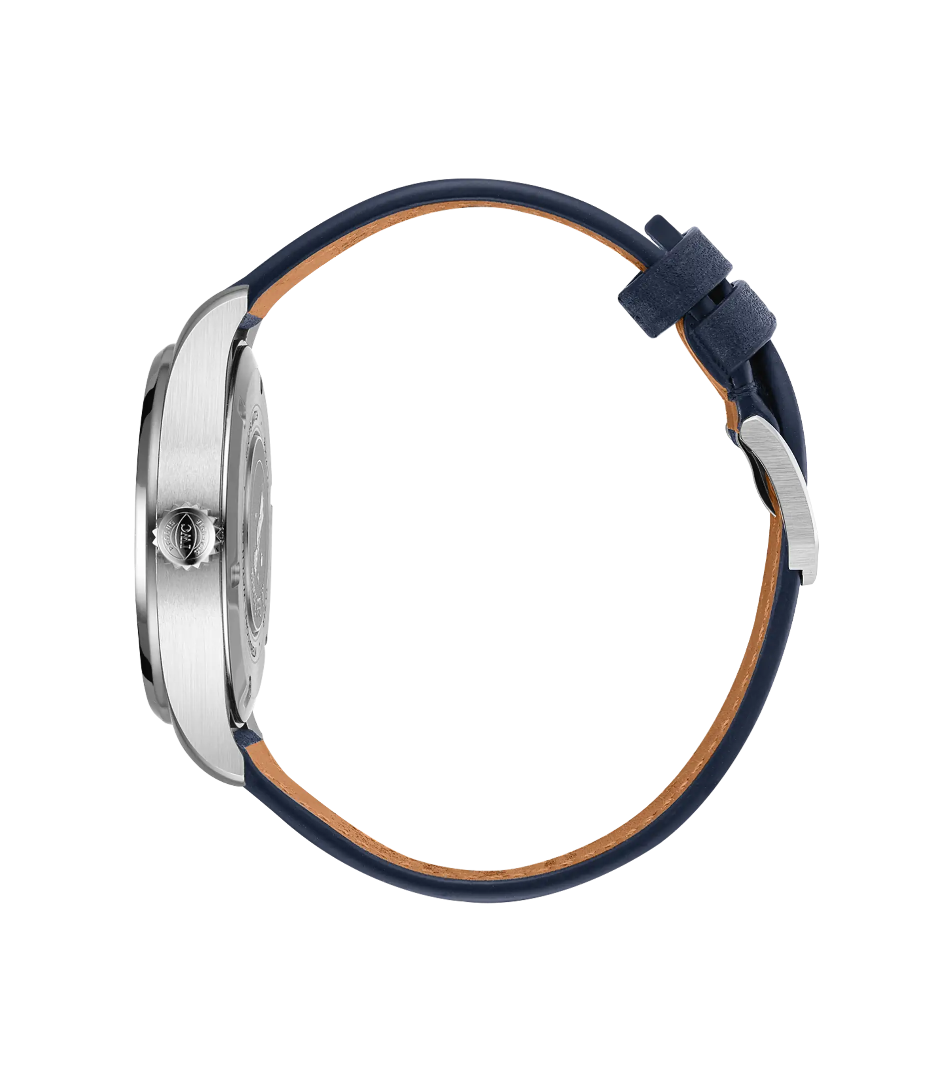 Silver-toned round watch with white dial, dark blue leather strap with tan interior, and buckle closure.
