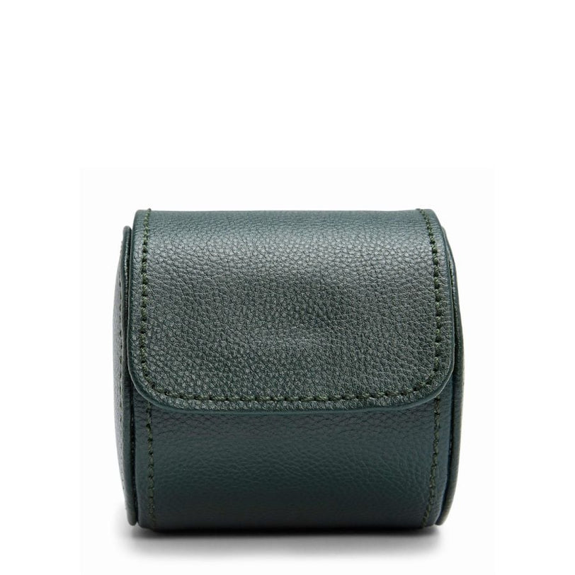 Green leather watch roll with curved flap closure and stitched seams.
