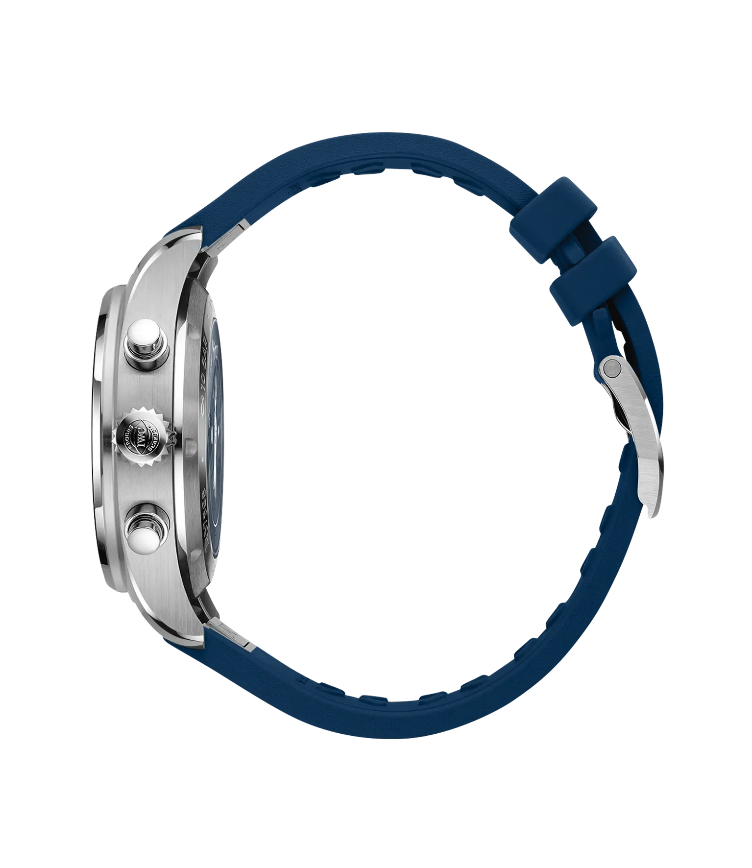 Silver chronograph watch with dark blue dial and navy rubber strap, shown from the side profile.