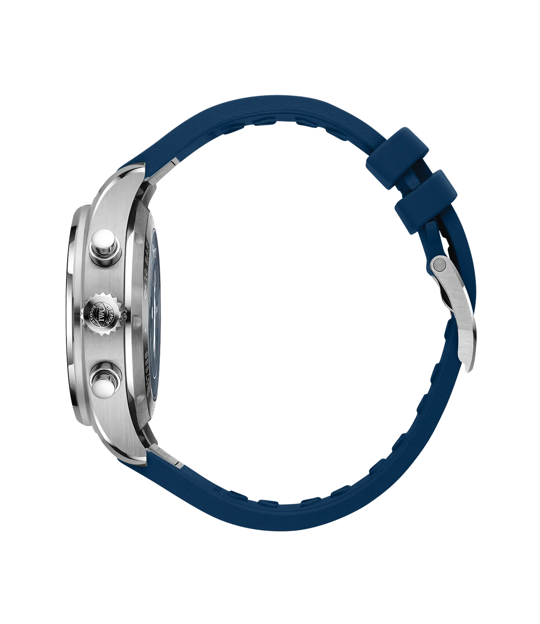 Silver chronograph watch with dark blue dial and navy rubber strap, shown from the side profile.