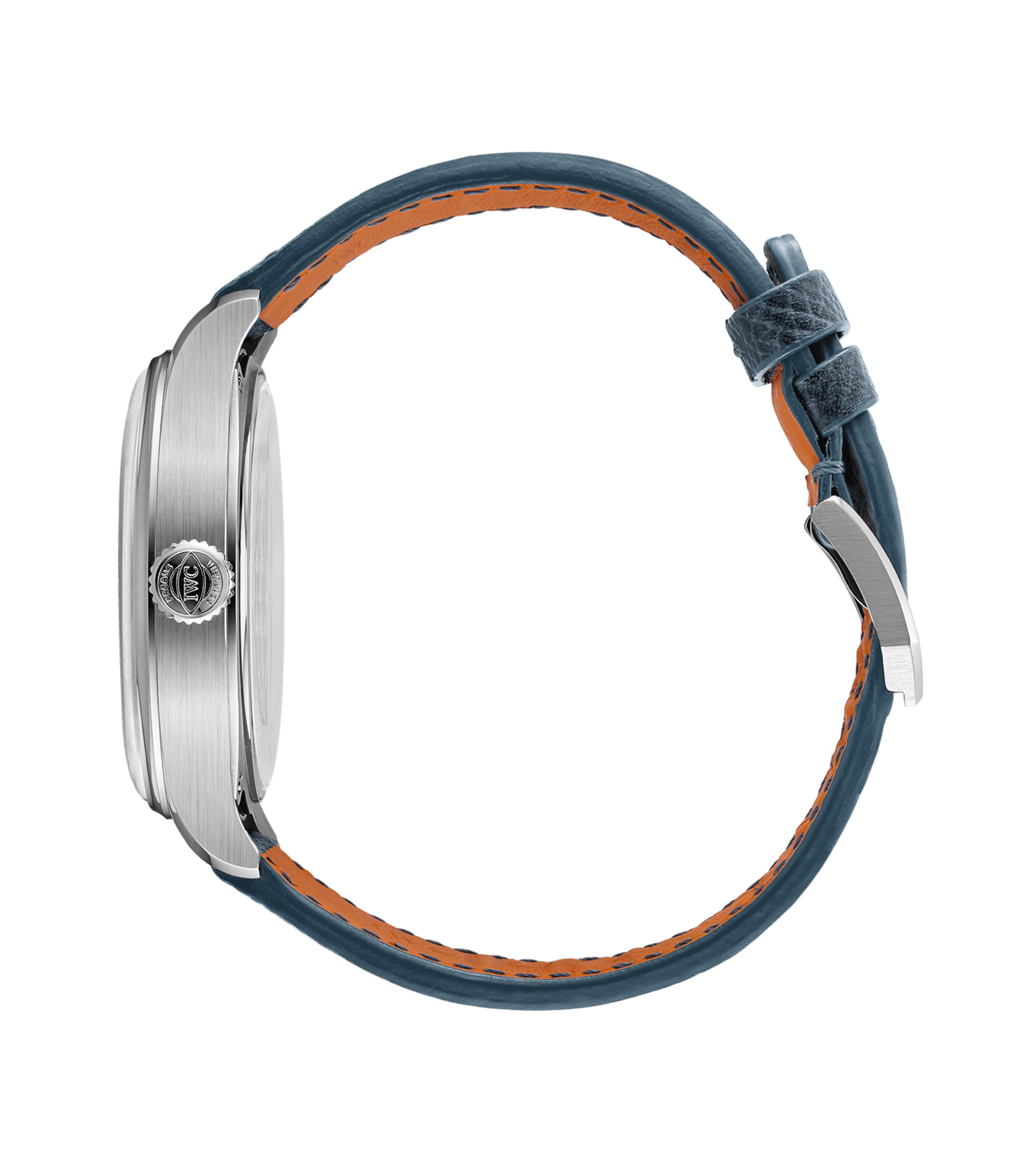 Side view of a 40mm IWC Schaffhausen Portugieser Automatic 40 wristwatch with a blue leather strap and orange underside, featuring the crown and buckle clasp against a plain white background.