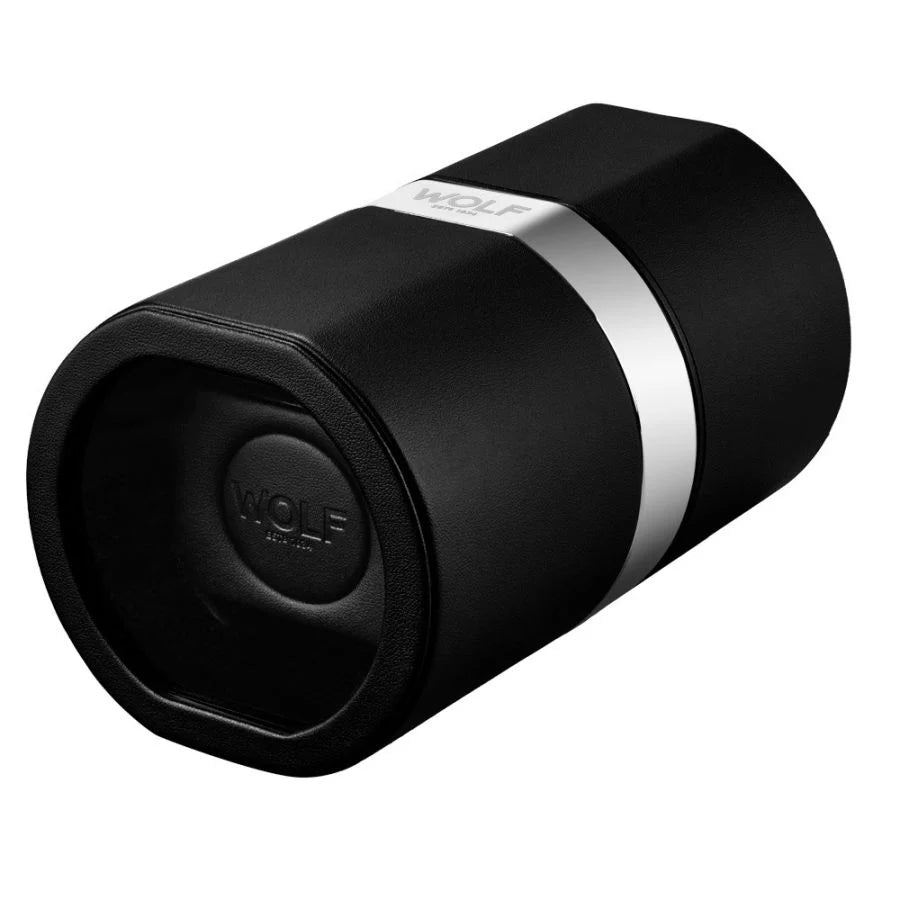 Black cylindrical dumbbell with white band and embossed WOLF branding on the end cap.