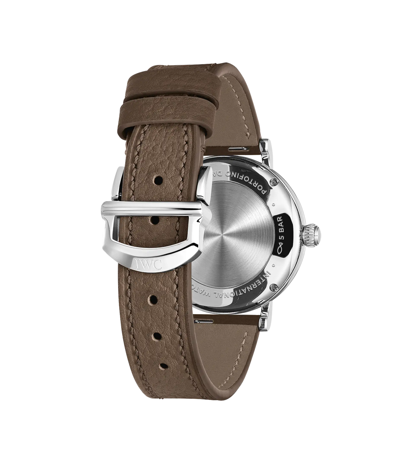 Silver-tone watch with round dial, taupe leather strap, and visible caseback showing water resistance rating.