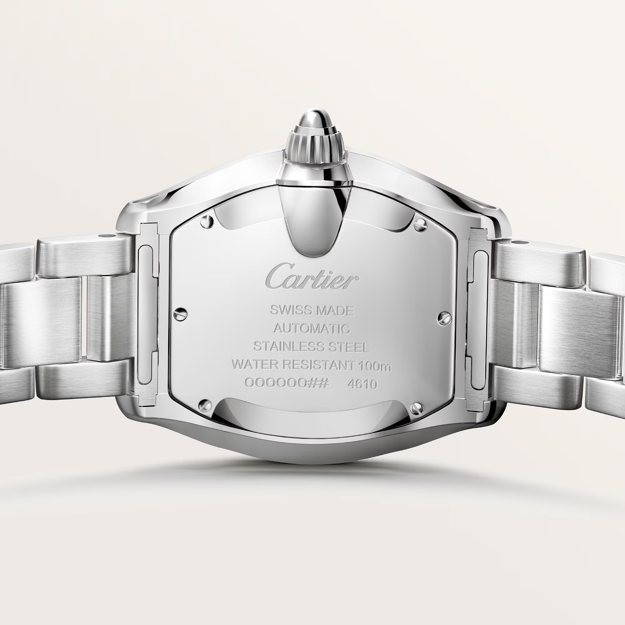 Cartier stainless steel watch back case showing Swiss made automatic movement and water-resistant 100m specifications.