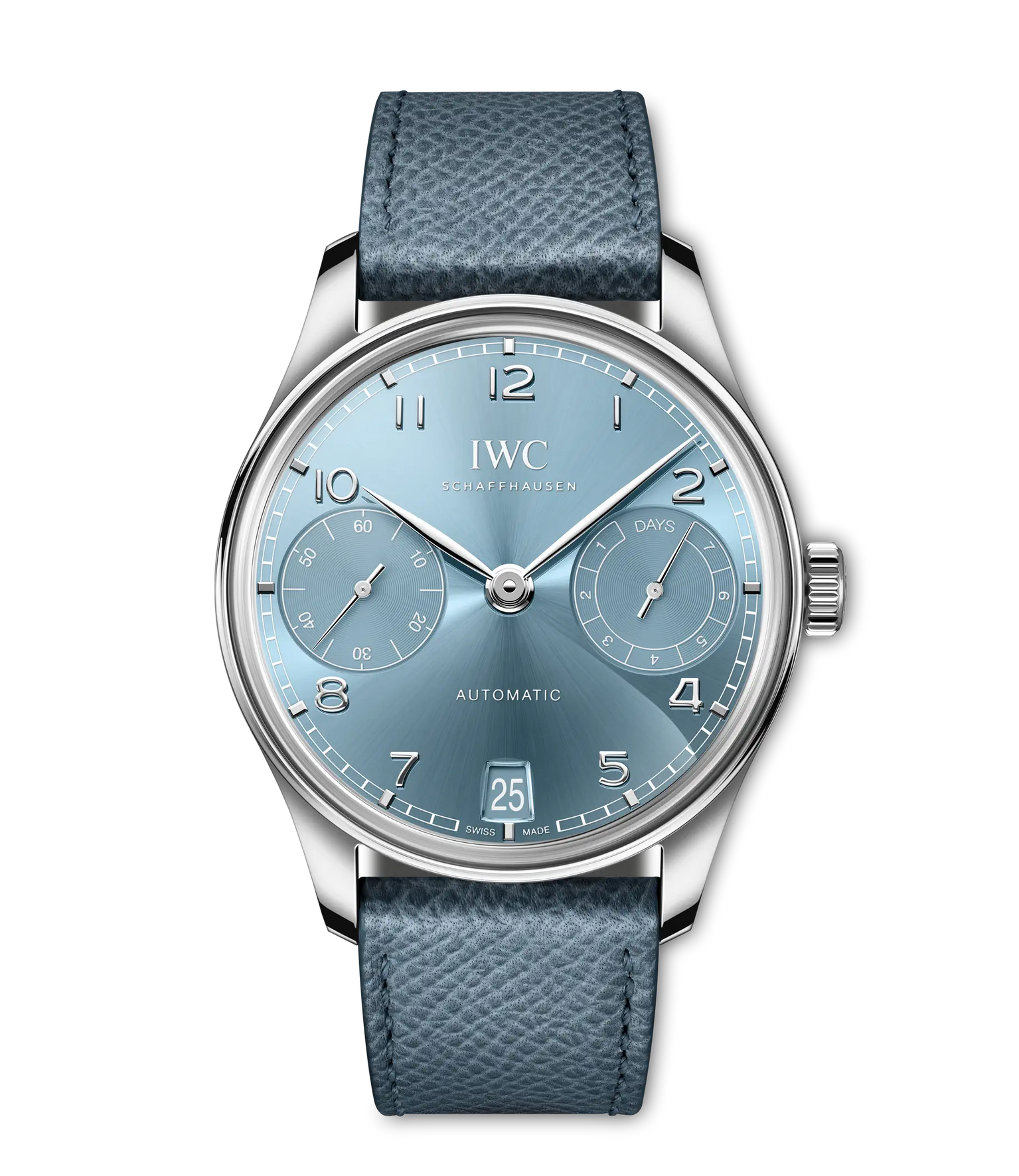 The IWC Schaffhausen Portugieser Automatic 42 wristwatch features chronometer precision, silver and blue accents, a blue leather strap, silver hour markers, two subdials, and a date window at 6 o’clock, set against a plain white background.