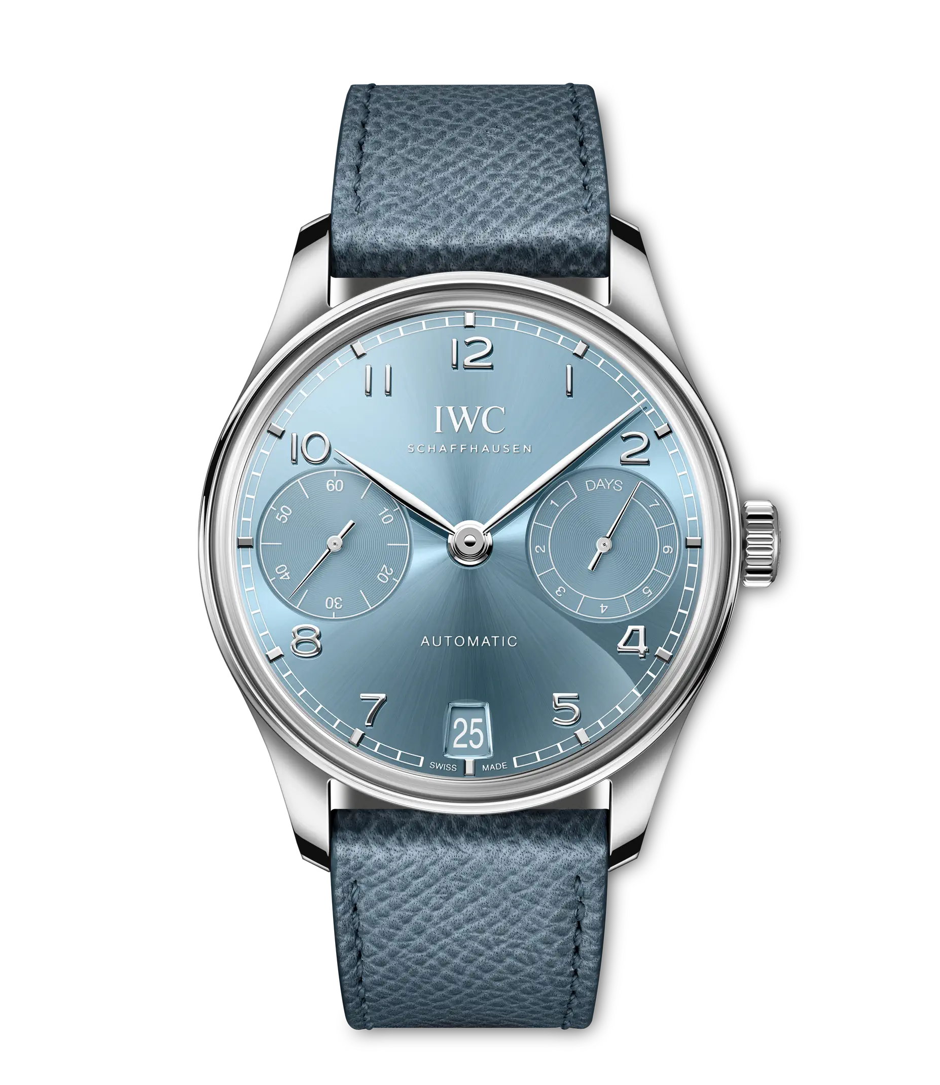 The IWC Schaffhausen Portugieser Automatic 42 wristwatch features chronometer precision, silver and blue accents, a blue leather strap, silver hour markers, two subdials, and a date window at 6 o’clock, set against a plain white background.