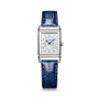 Silver rectangular watch with diamond-set bezel, silver dial with Arabic numerals, blue hands, and blue crocodile leather str