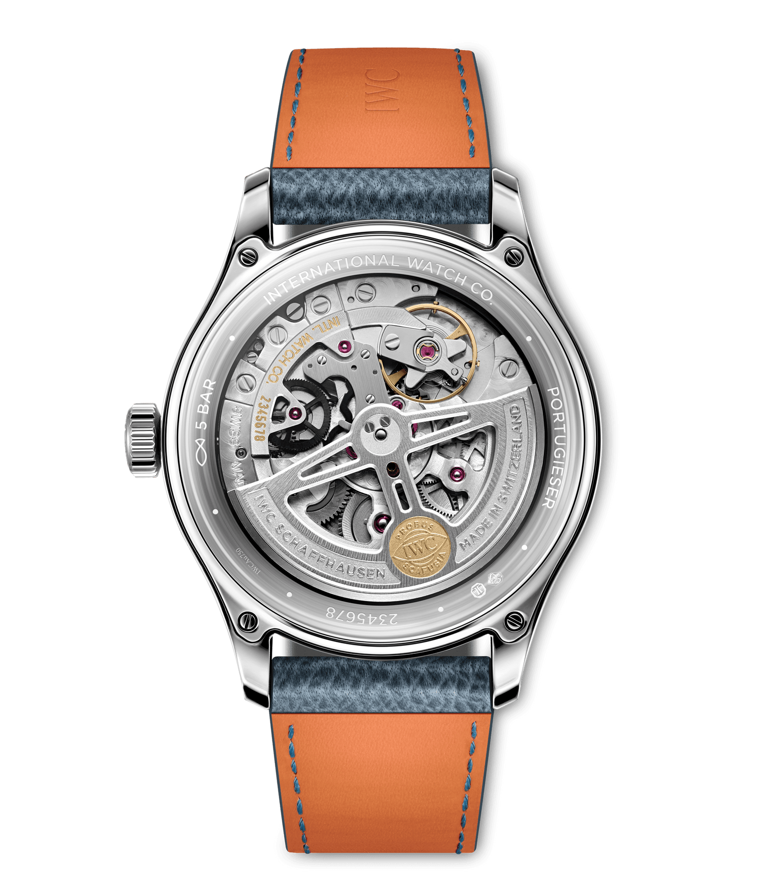 A close-up of the back of the 40mm IWC Schaffhausen Portugieser Automatic 40 reveals its intricate movement, silver case with transparent back, blue and orange leather strap, and engravings of International Watch Co and Portugieser.