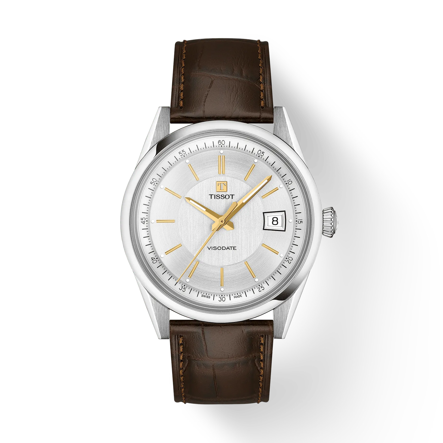 Tissot Visodate watch with silver case, white dial, gold-tone hands and indexes, date window, and brown leather strap.