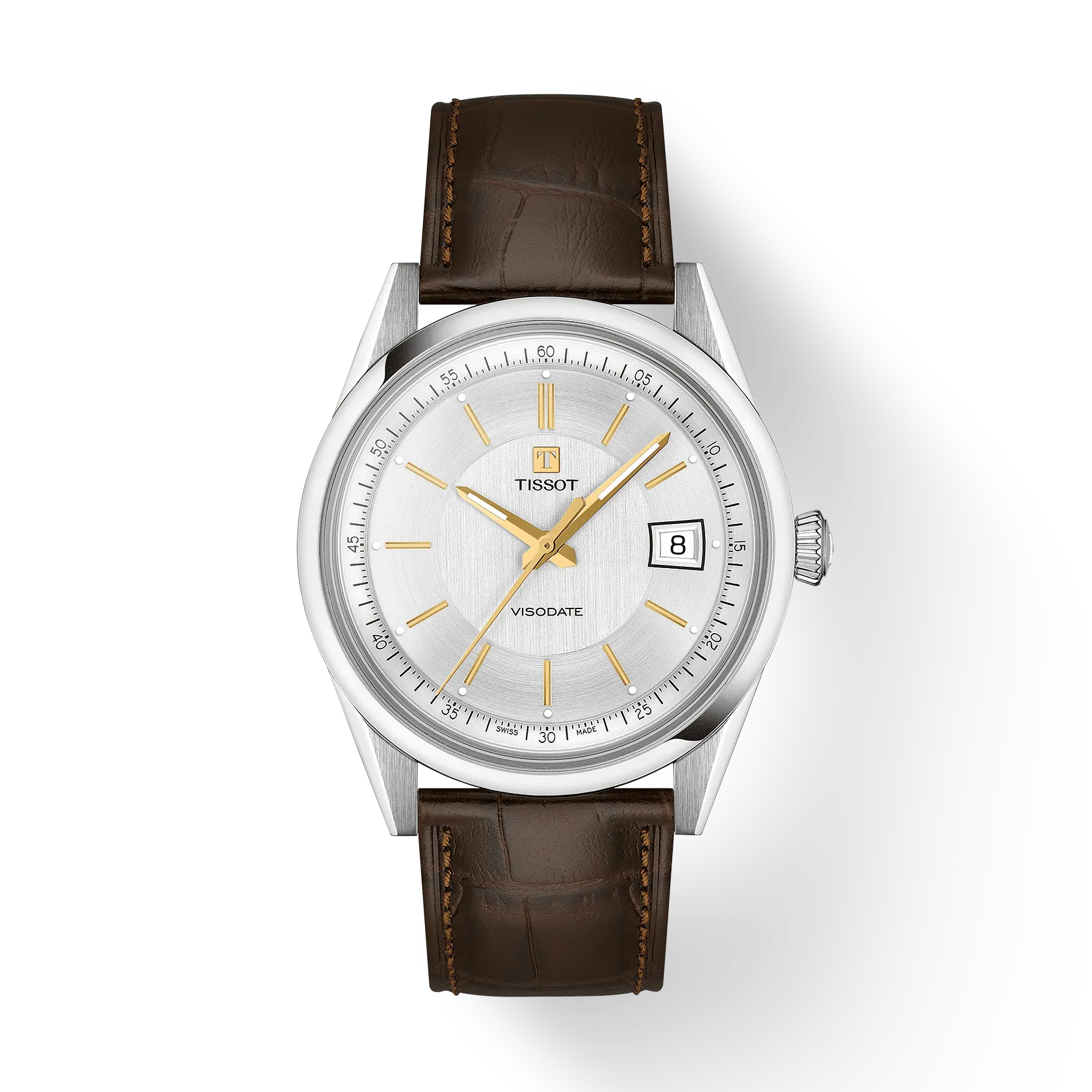 Tissot Visodate watch with silver case, white dial, gold-tone hands and indexes, date window, and brown leather strap.