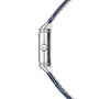 Reverso Classic Duetto watch with rectangular silver case, diamond bezels, and blue leather strap.