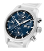 White chronograph watch with blue dial, Arabic numerals, three subdials, date window, and white leather strap.