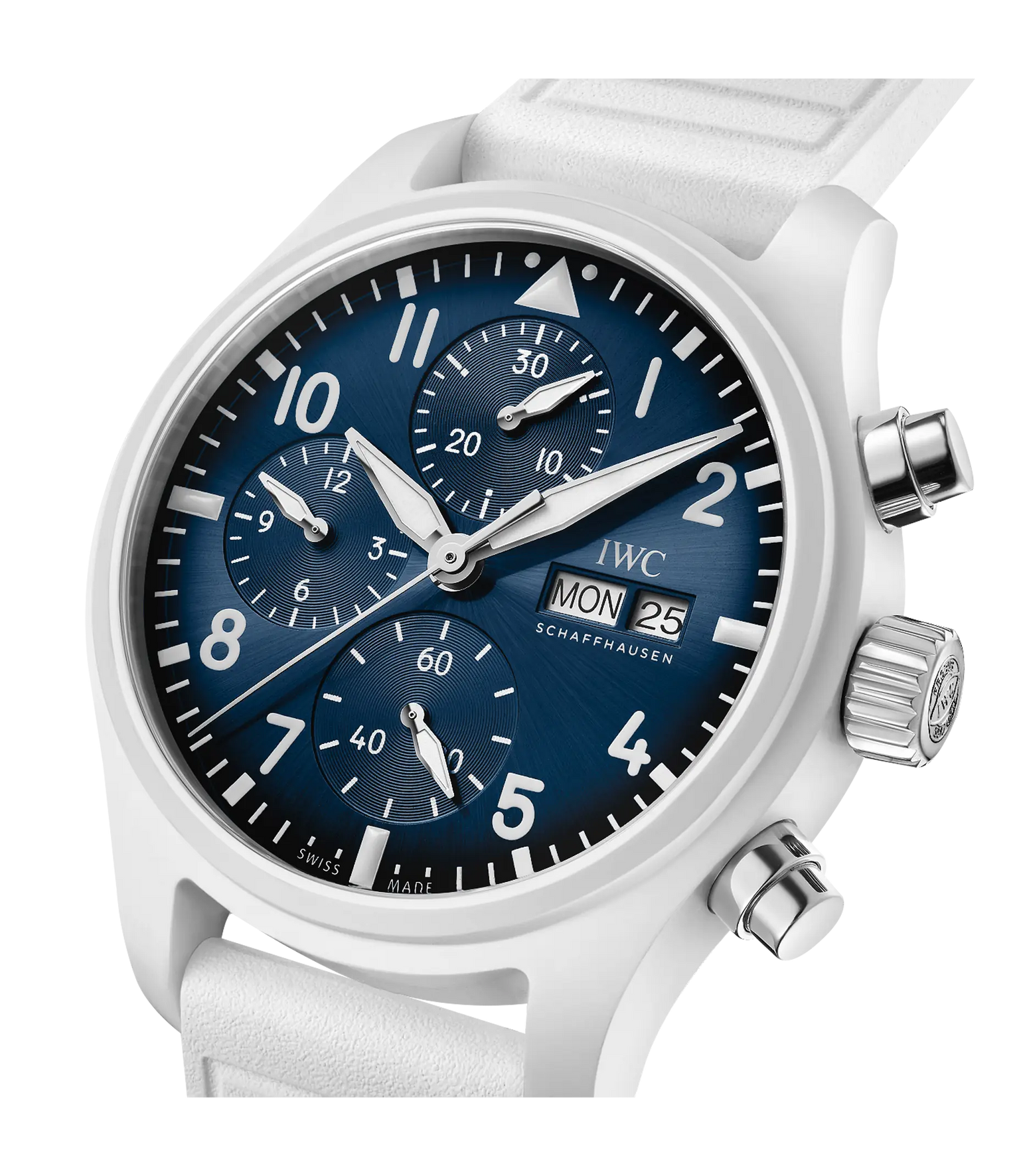 White chronograph watch with blue dial, Arabic numerals, three subdials, date window, and white leather strap.