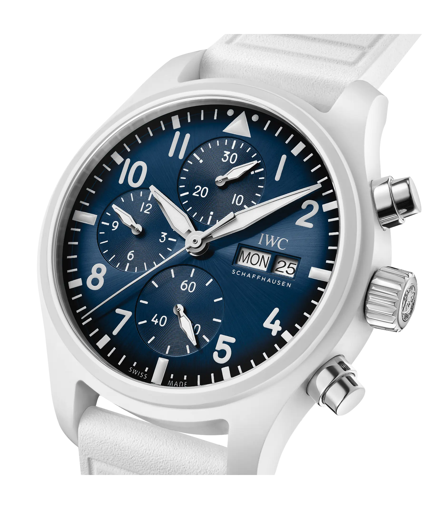 White chronograph watch with blue dial, Arabic numerals, three subdials, date window, and white leather strap.