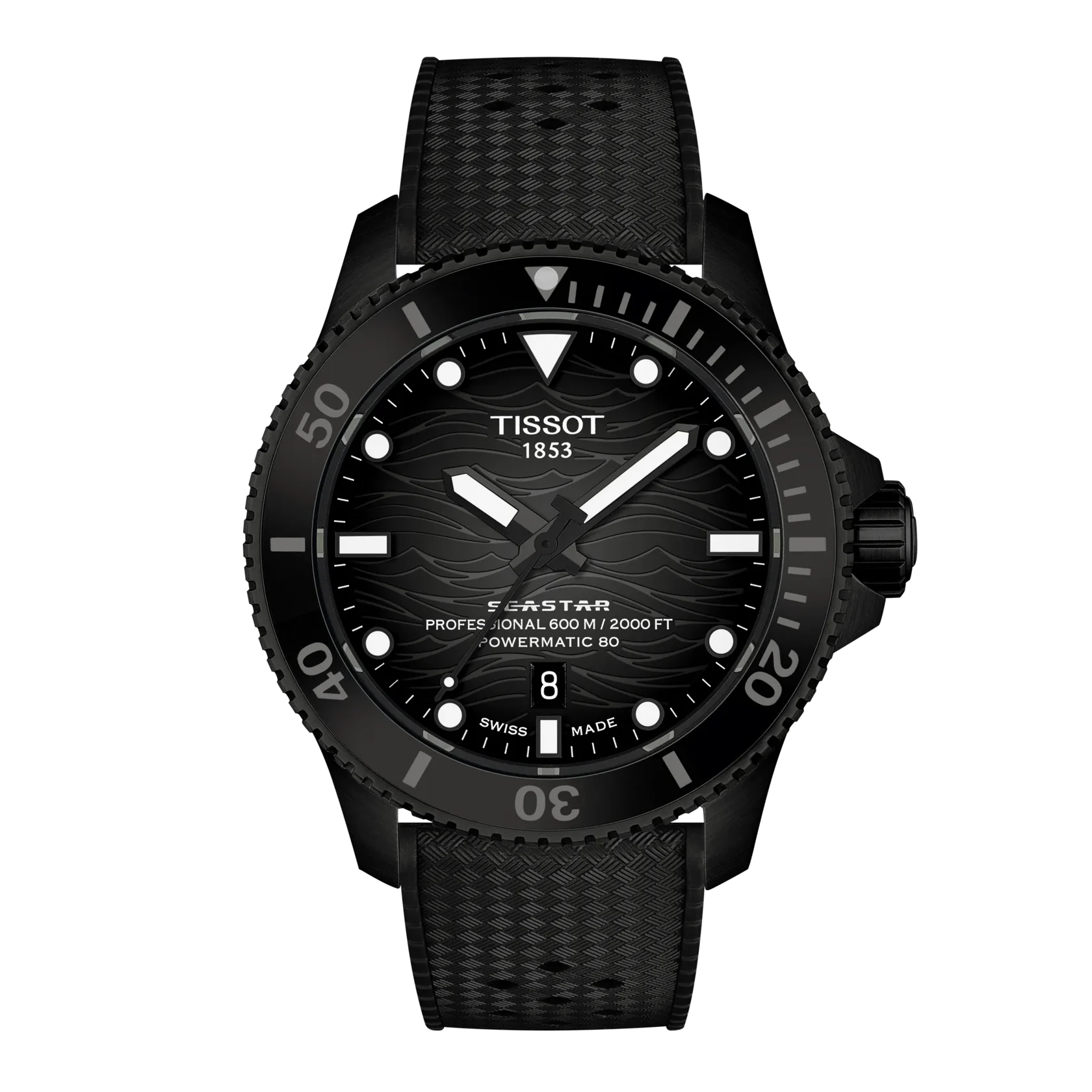 SeaStar 2000 | 44mm, Stainless Steel and Black PVD, Rubber Strap, Black Dial