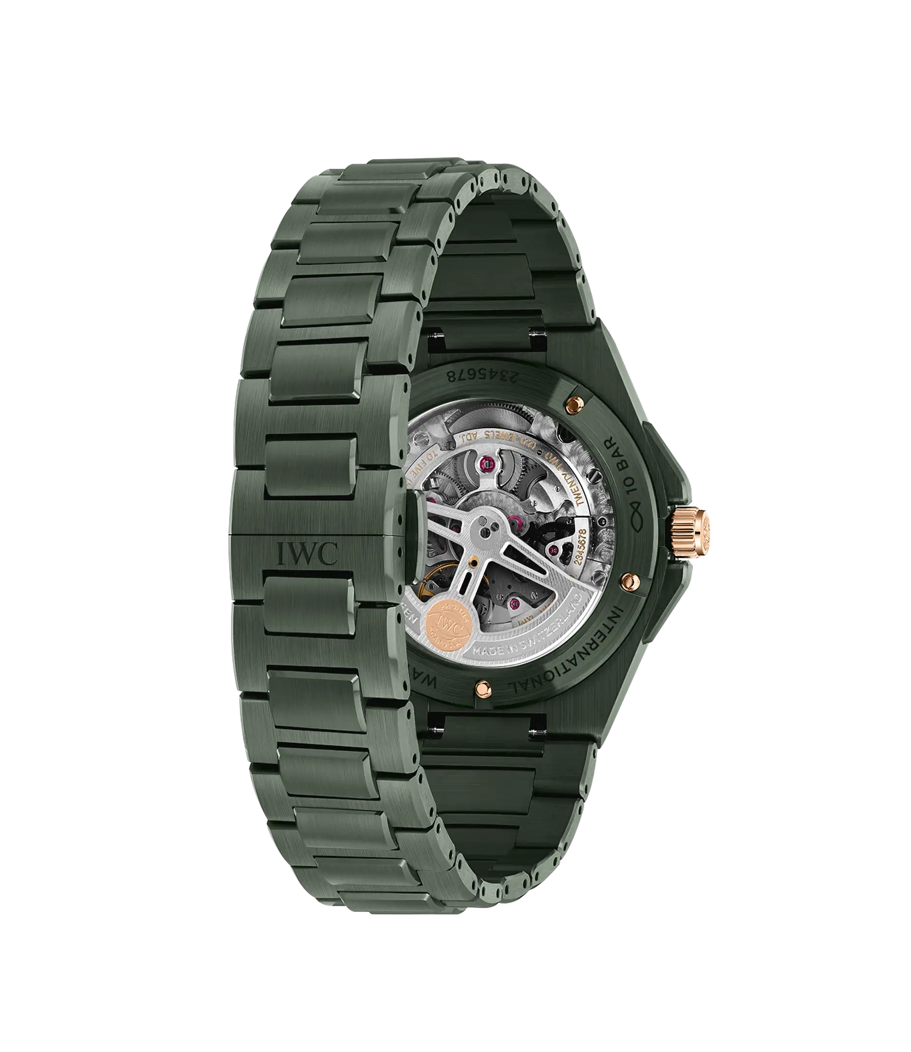 Green ceramic watch with exposed skeleton dial, rose gold accents, and matching bracelet displayed at an angle.