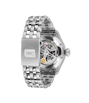 Stainless steel watch with three-link bracelet, transparent caseback displaying mechanical movement, and skeletonized dial wi