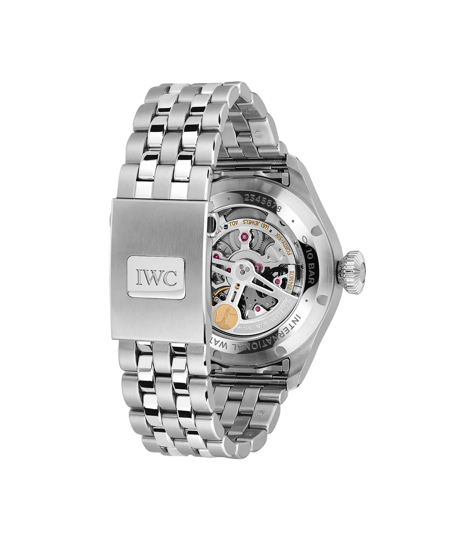 Stainless steel watch with three-link bracelet, transparent caseback displaying mechanical movement, and skeletonized dial wi
