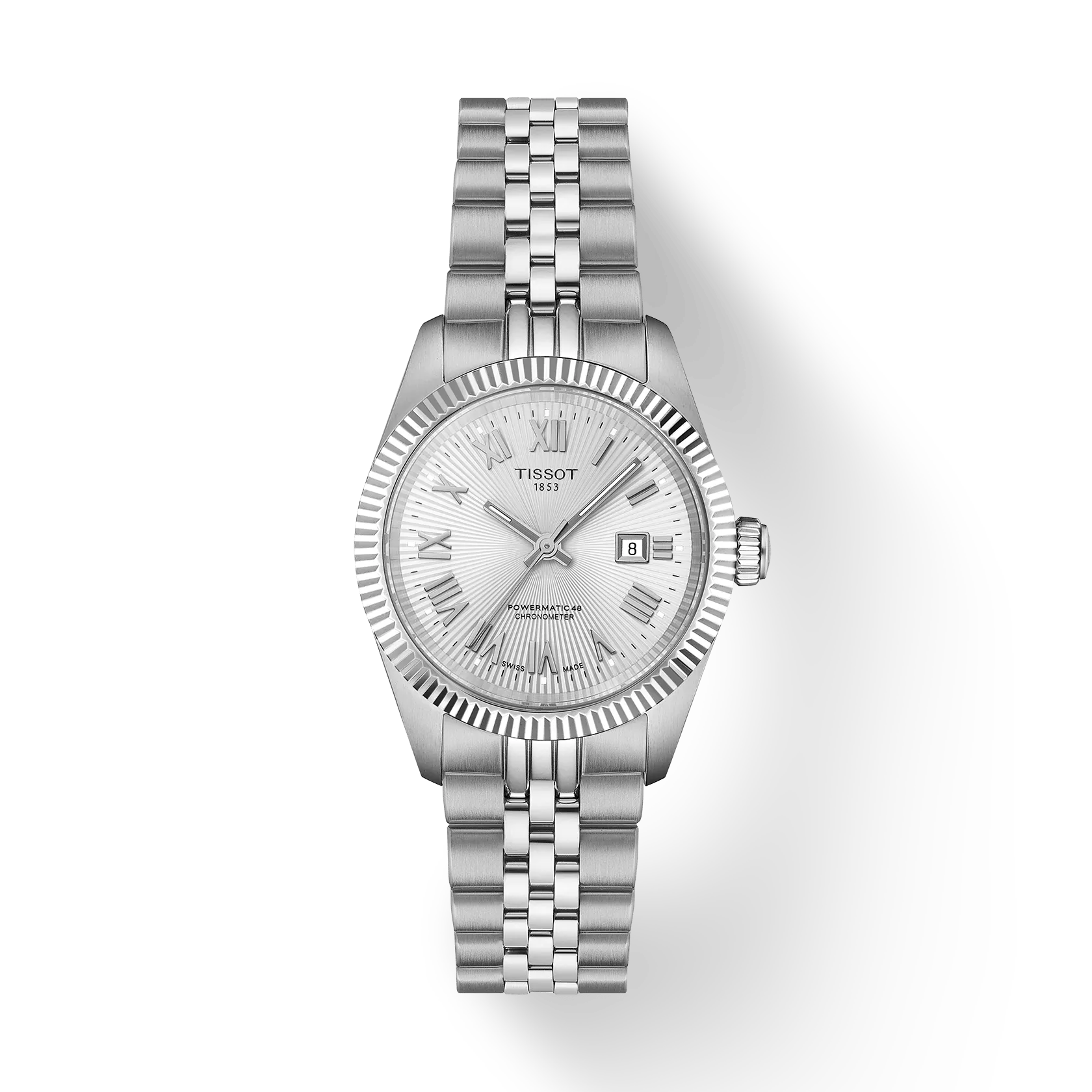 A Tissot Ballade 30mm silver wristwatch with a metal link band, textured round face, Roman numerals, date display, and fluted bezel is displayed on a plain white background.