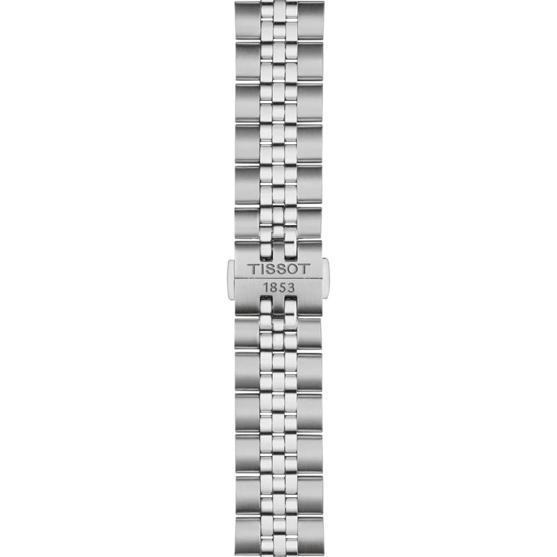 Silver watch strap with Tissot logo on a white background