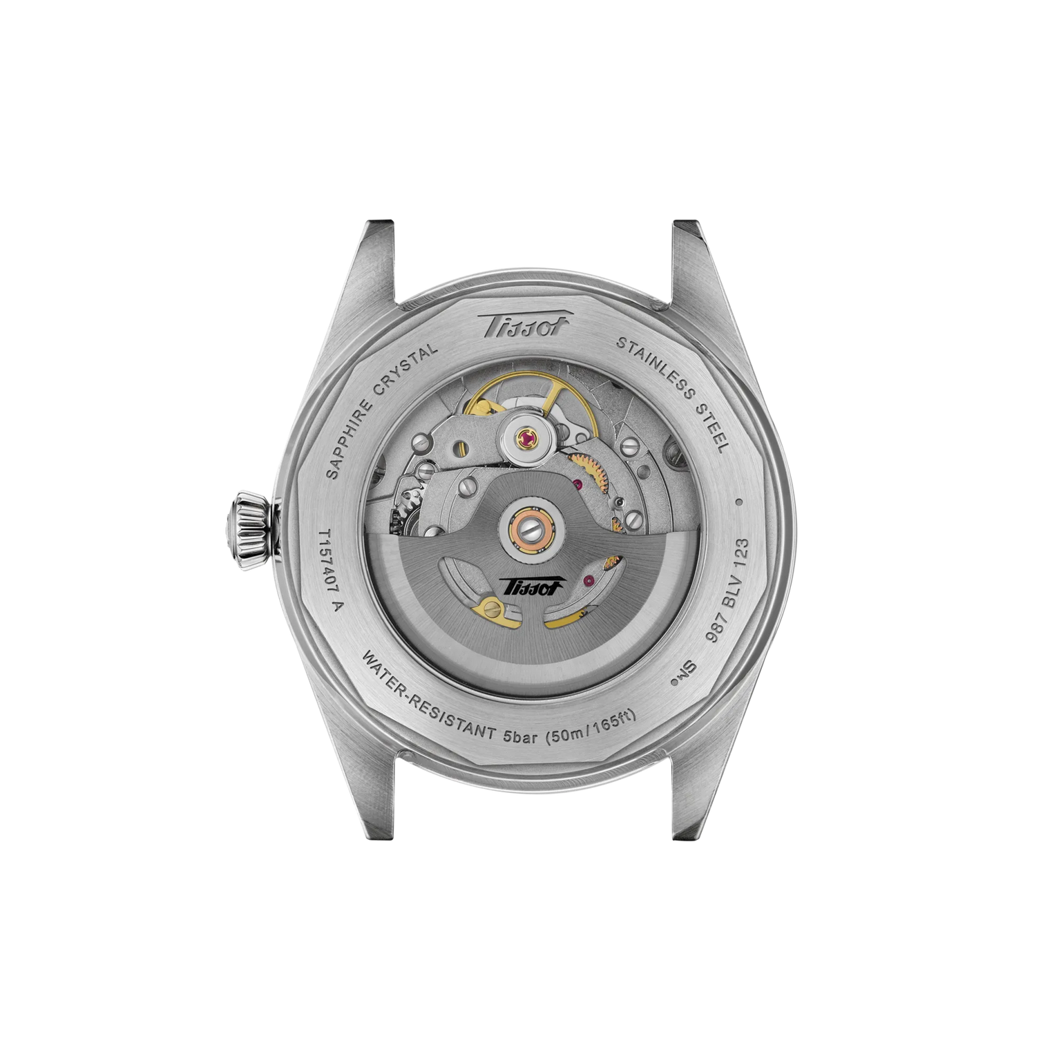 Stainless steel watch case back showing visible mechanical movement with gold gears and jeweled components.