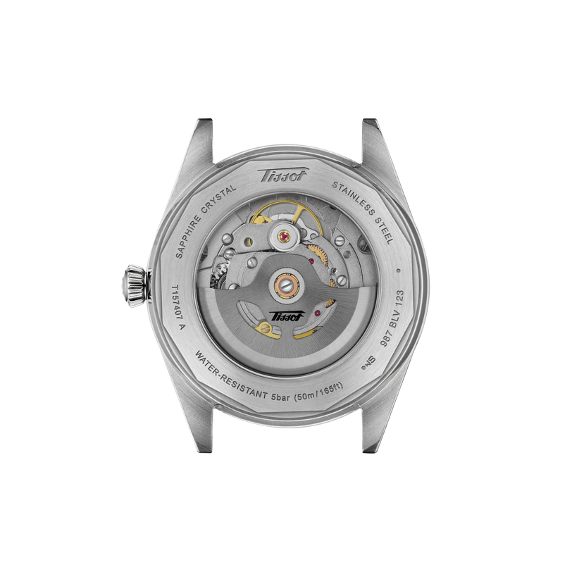 Stainless steel watch case back showing visible mechanical movement with gold gears and jeweled components.