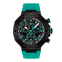 Tissot watch with black case and teal rubber strap on a white background